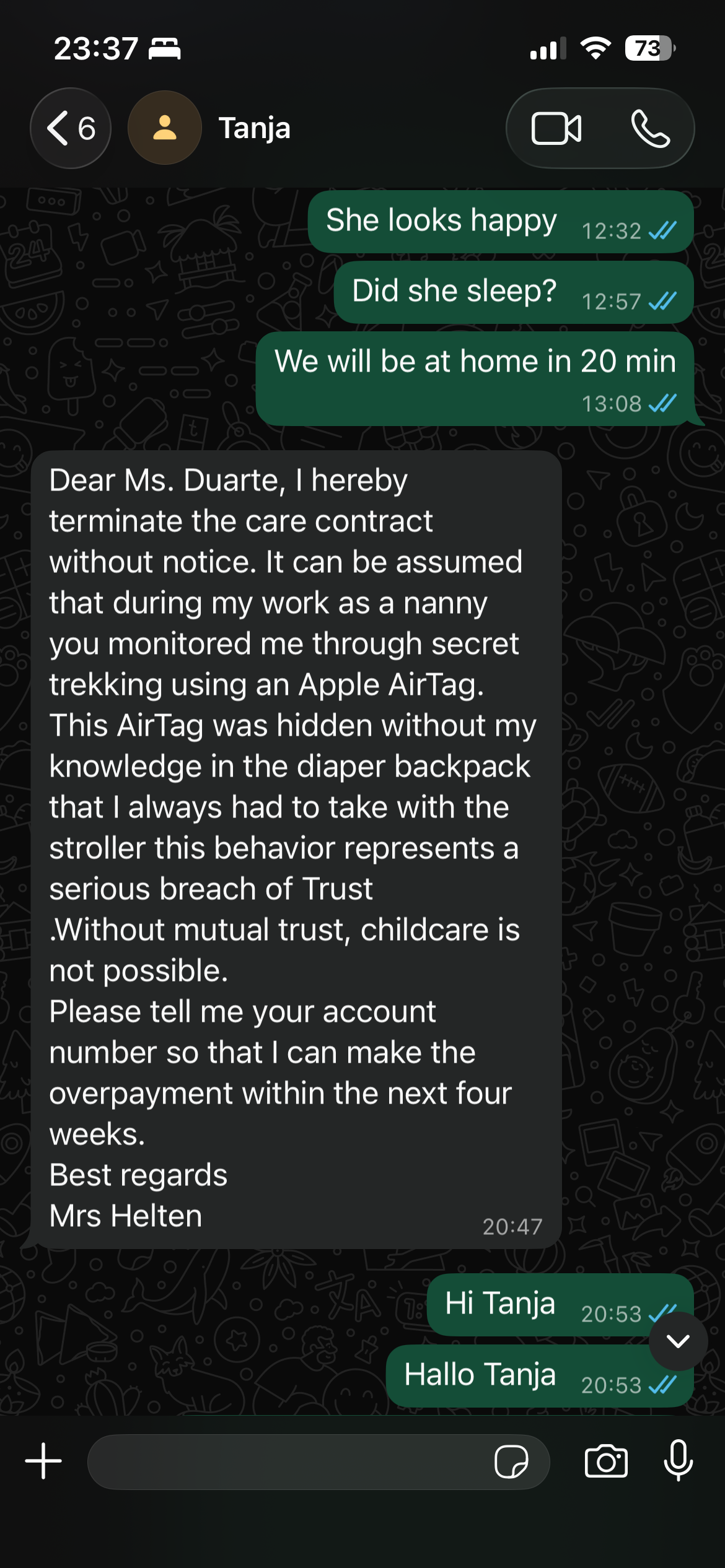 Screenshot of Tanja's WhatsApp message about the care contract
